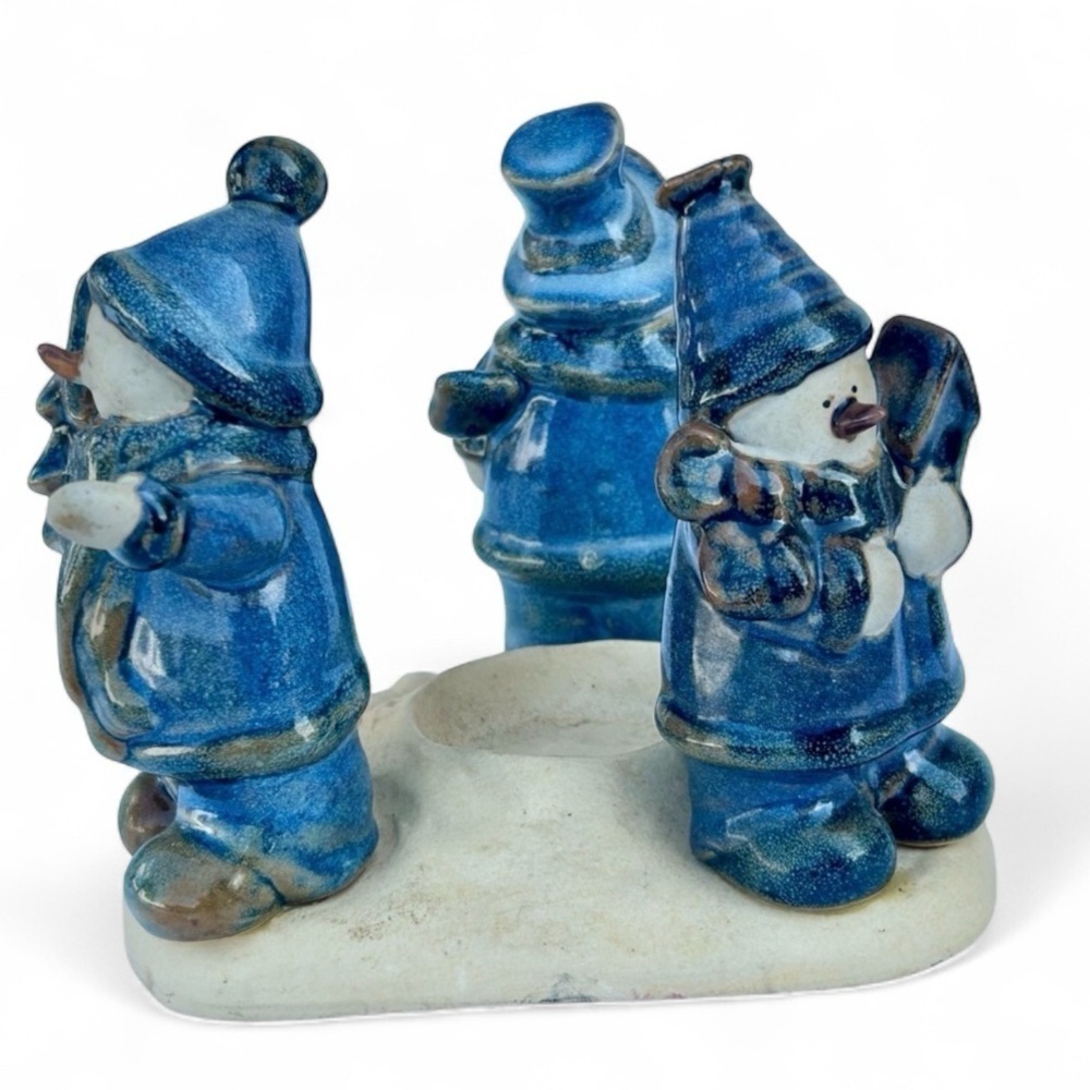Vintage Christmas Decor Accents Blue Stoneware Snowman Candle Holder Festive Art - Picture 15 of 15